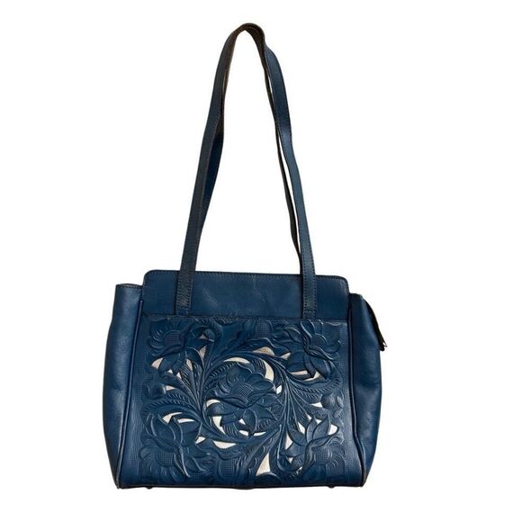 Patricia Nash Rosedale Tote Burnished Cutout Tooled Leather Caribbean Blue - Picture 1 of 12